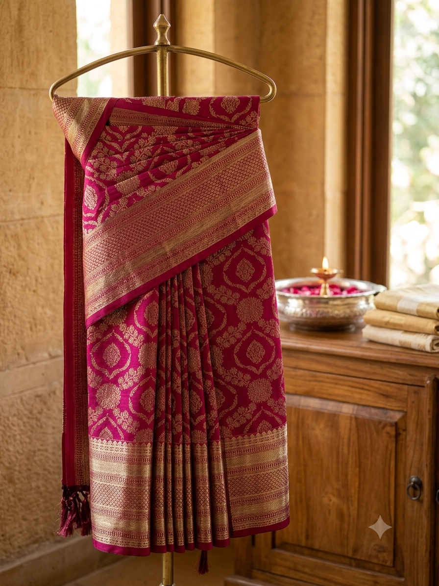 Pink silk saree draping