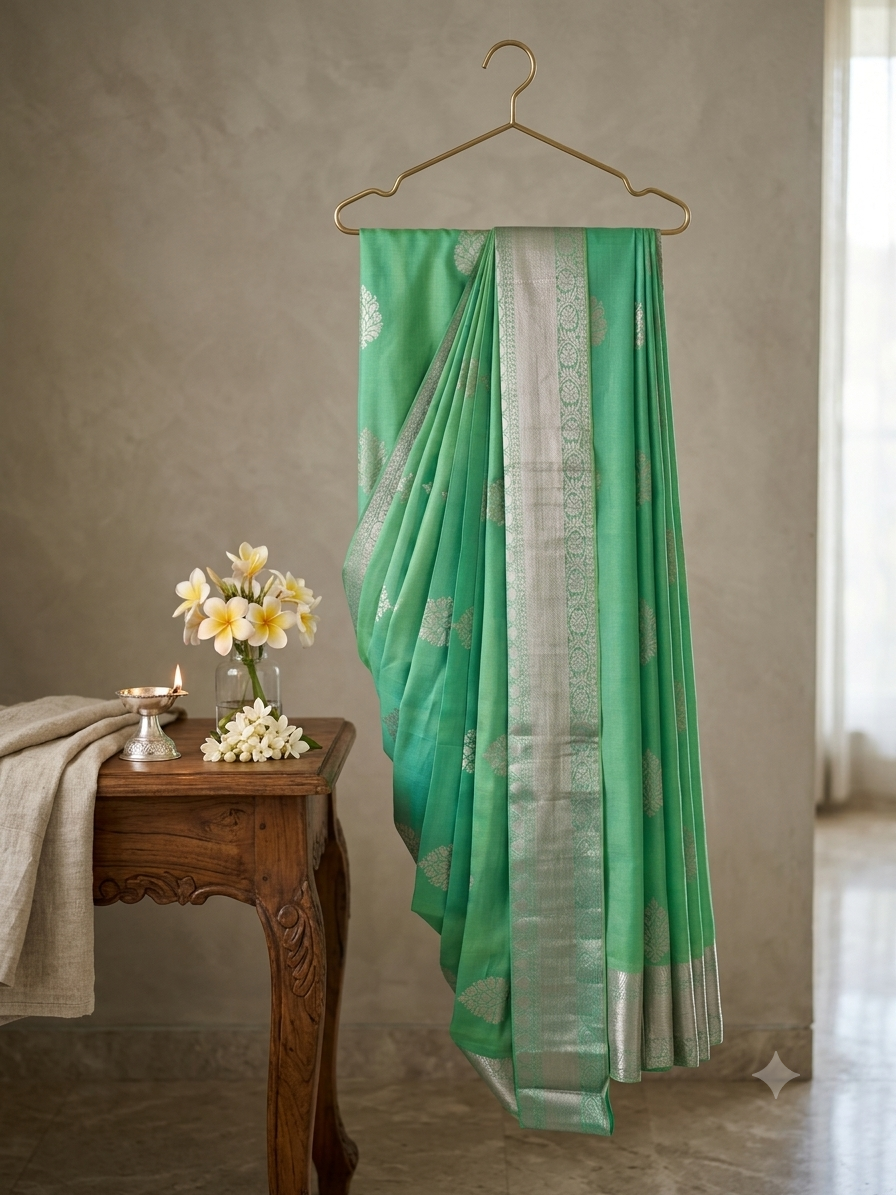 Red silk saree fan pleating